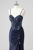 Sparkly grigio verde sirena senza spalline paillettes corsetto increspato lungo Abito da cerimonia con fessura