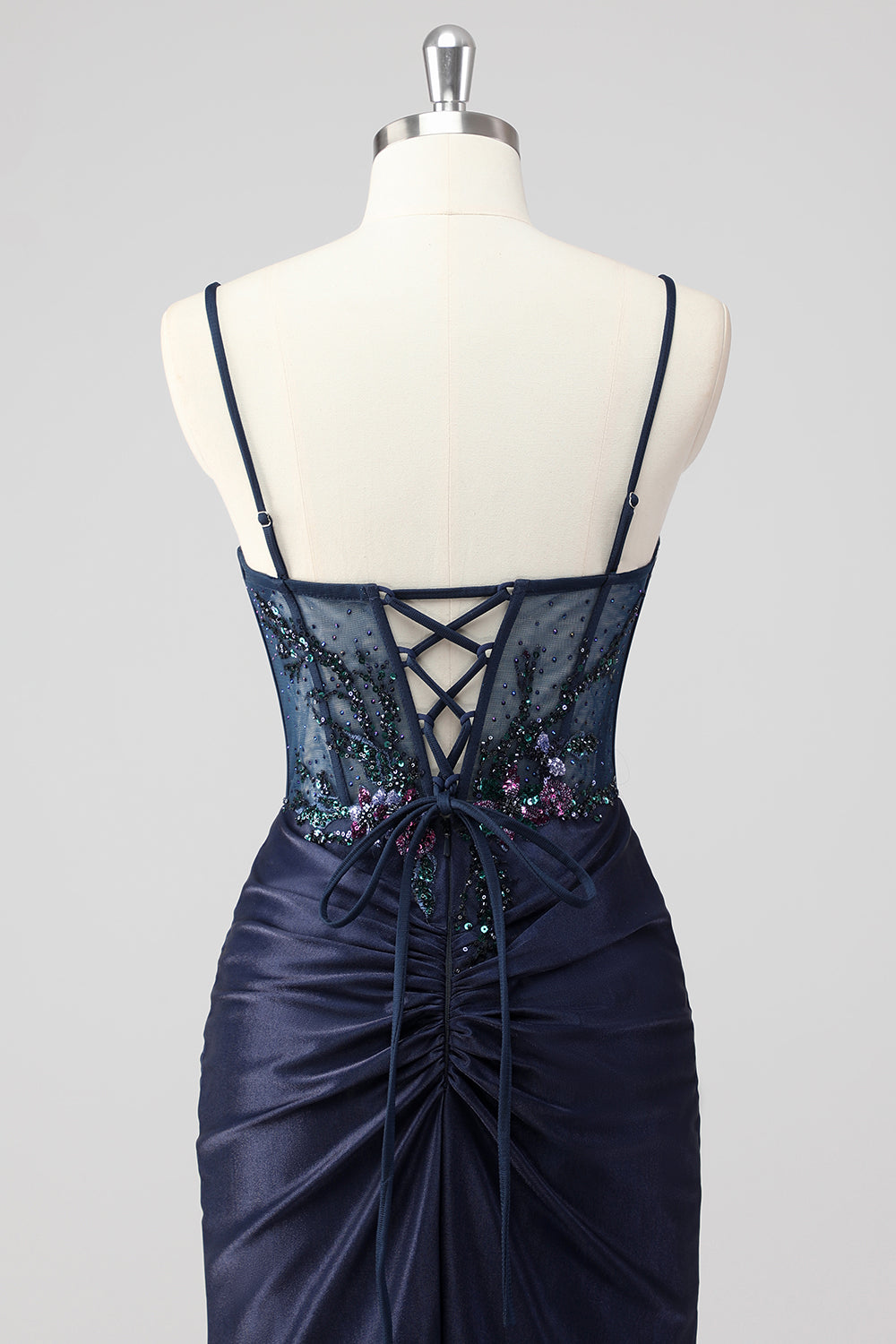 Sparkly grigio verde sirena senza spalline paillettes corsetto increspato lungo Abito da cerimonia con fessura