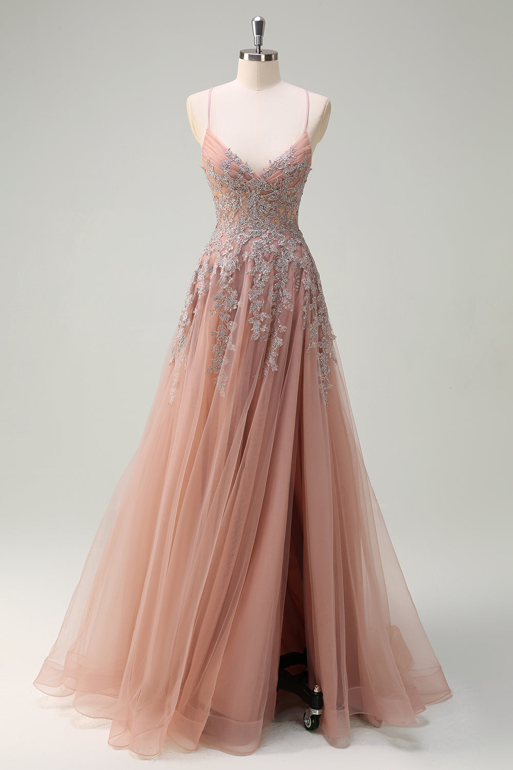 Blush A Line Spaghetti Straps Lace Up Back Appliqued Abito da cerimonia lungo con fessura