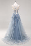 Blush A Line Spaghetti Straps Lace Up Back Appliqued Abito da cerimonia lungo con fessura