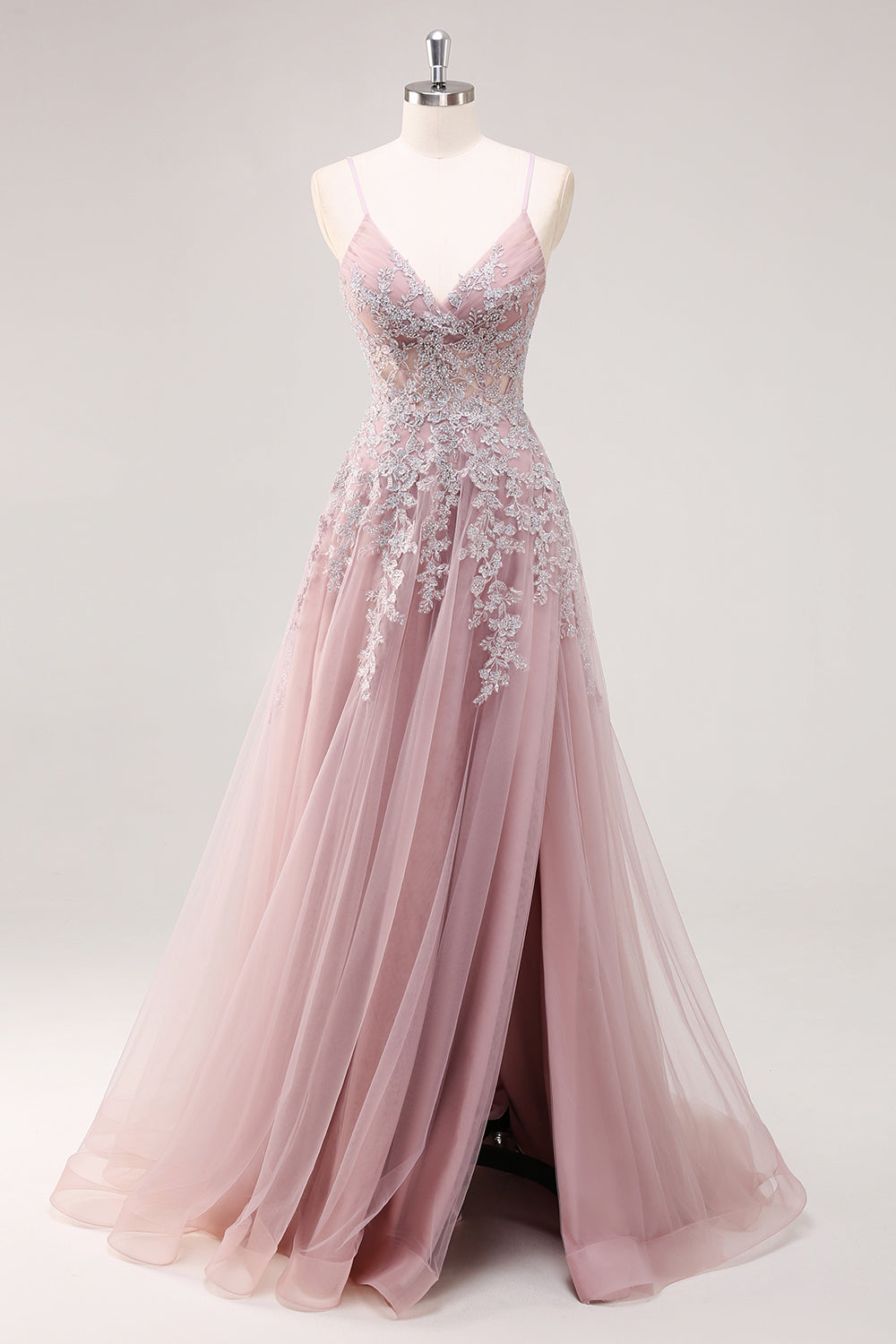 Blush A Line Spaghetti Straps Lace Up Back Appliqued Abito da cerimonia lungo con fessura
