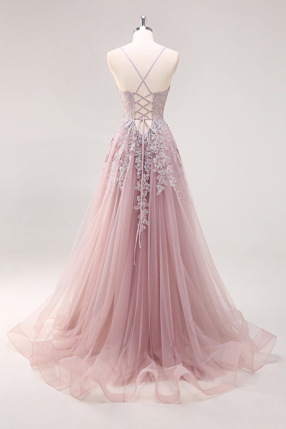 Blush A Line Spaghetti Straps Lace Up Back Appliqued Abito da cerimonia lungo con fessura