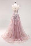 Blush A Line Spaghetti Straps Lace Up Back Appliqued Abito da cerimonia lungo con fessura