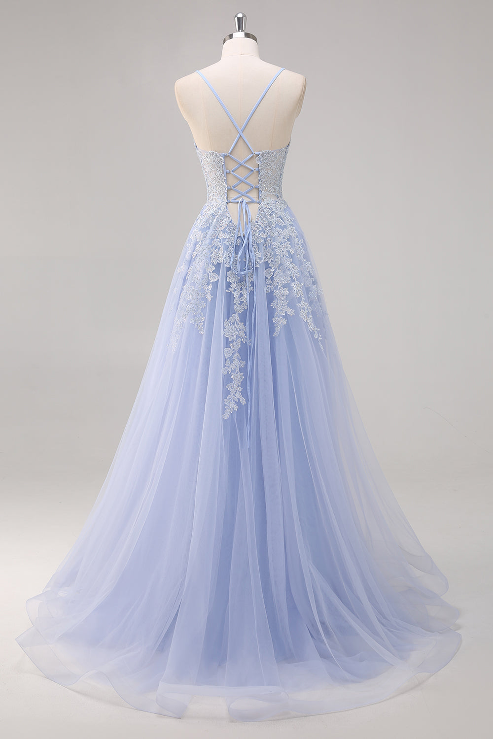 Blush A Line Spaghetti Straps Lace Up Back Appliqued Abito da cerimonia lungo con fessura