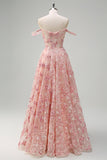 Rosa floreale Off The Shouder A-Line corsetto Abito da cerimonia con fessura