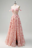 Rosa floreale Off The Shouder A-Line corsetto Abito da cerimonia con fessura