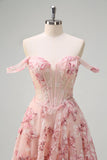 Rosa floreale Off The Shouder A-Line corsetto Abito da cerimonia con fessura