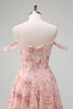 Rosa floreale Off The Shouder A-Line corsetto Abito da cerimonia con fessura