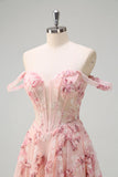Rosa floreale Off The Shouder A-Line corsetto Abito da cerimonia con fessura