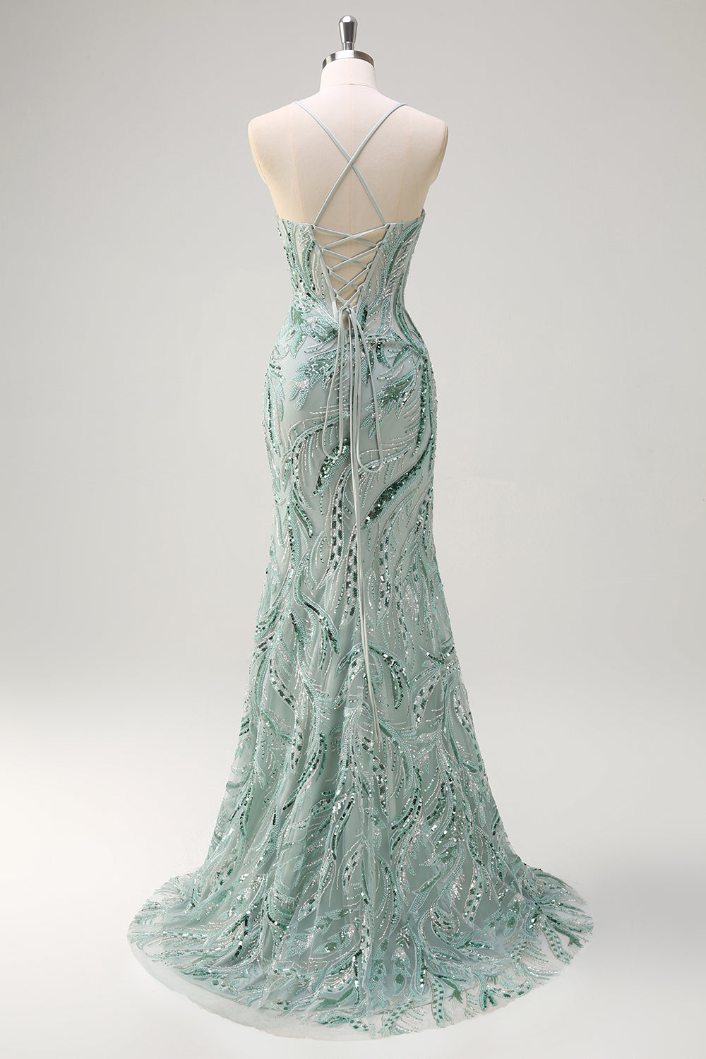Sparkly Sage Spaghetti Straps Mermaid lungo paillettes Abito da cerimonia con fessura