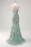 Sparkly Sage Spaghetti Straps Mermaid lungo paillettes Abito da cerimonia con fessura