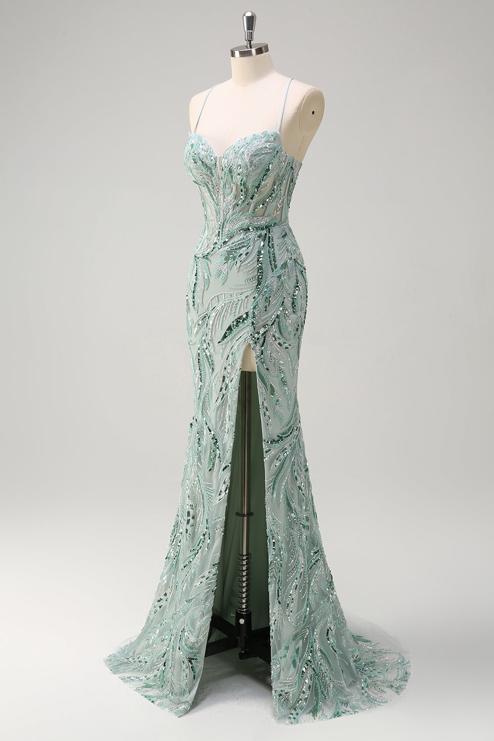 Sparkly Sage Spaghetti Straps Mermaid lungo paillettes Abito da cerimonia con fessura