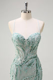 Sparkly Sage Spaghetti Straps Mermaid lungo paillettes Abito da cerimonia con fessura