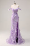 Lilla Off the Spalla sirena corsetto lungo Abito da cerimonia con 3D Appliques fessura