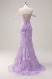 Lilla Off the Spalla sirena corsetto lungo Abito da cerimonia con 3D Appliques fessura
