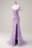 Lilla Off the Spalla sirena corsetto lungo Abito da cerimonia con 3D Appliques fessura