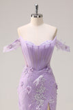 Lilla Off the Spalla sirena corsetto lungo Abito da cerimonia con 3D Appliques fessura