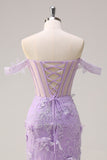 Lilla Off the Spalla sirena corsetto lungo Abito da cerimonia con 3D Appliques fessura
