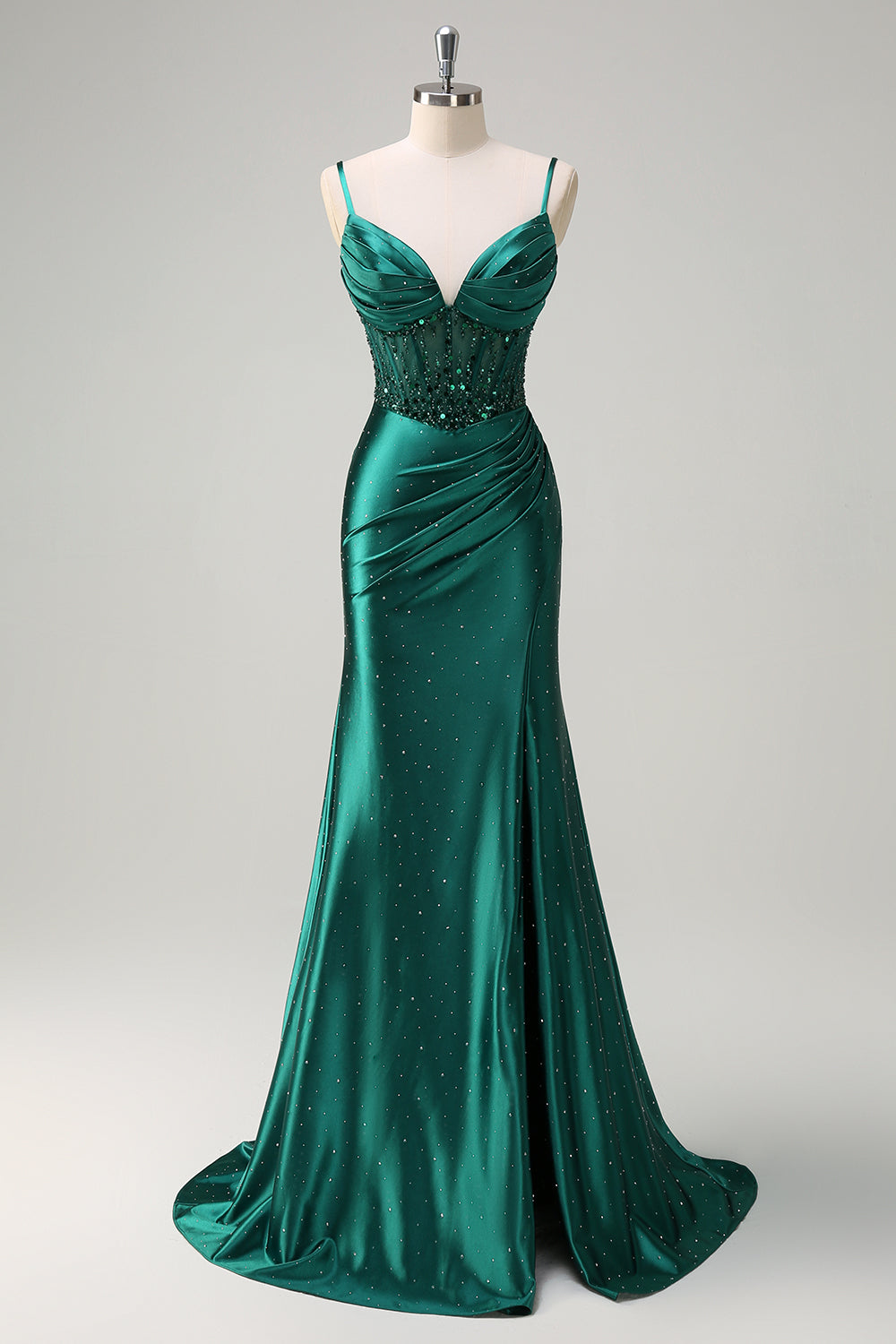 Scintillante verde scuro sirena spaghetti cinghie corsetto in rilievo Abito da cerimonia con fessura