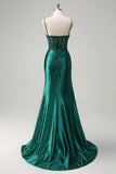Scintillante verde scuro sirena spaghetti cinghie corsetto in rilievo Abito da cerimonia con fessura