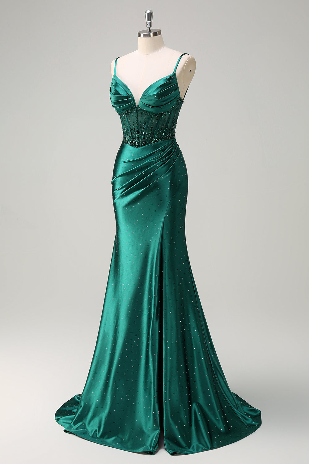 Scintillante verde scuro sirena spaghetti cinghie corsetto in rilievo Abito da cerimonia con fessura