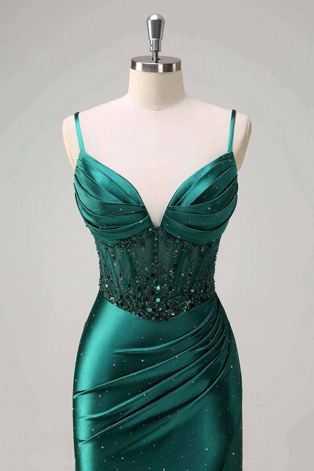 Scintillante verde scuro sirena spaghetti cinghie corsetto in rilievo Abito da cerimonia con fessura