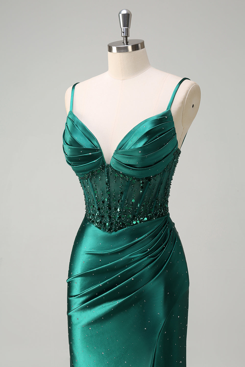 Scintillante verde scuro sirena spaghetti cinghie corsetto in rilievo Abito da cerimonia con fessura