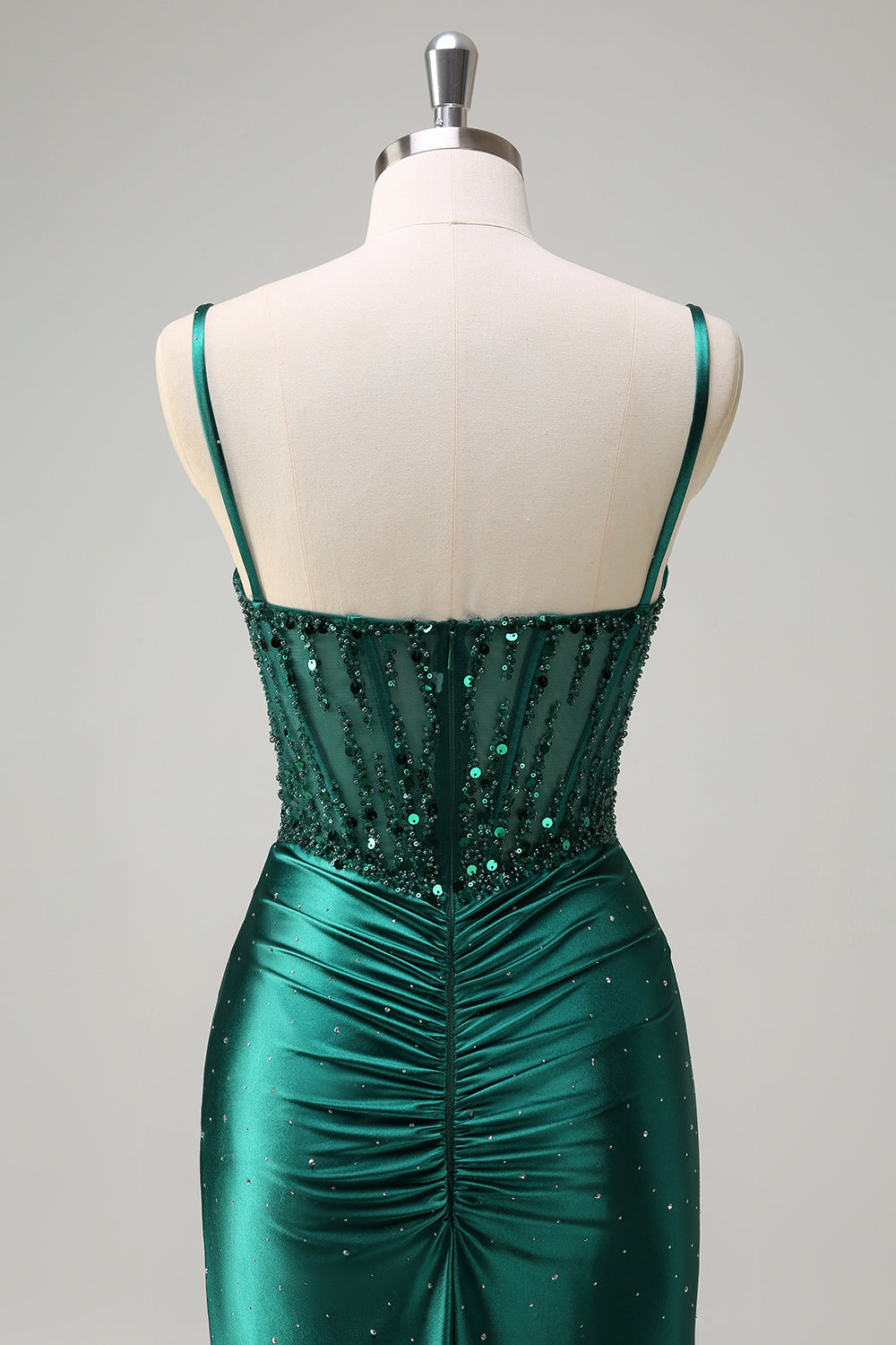 Scintillante verde scuro sirena spaghetti cinghie corsetto in rilievo Abito da cerimonia con fessura