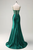 Scintillante verde scuro sirena spaghetti cinghie corsetto in rilievo lungo Abito da cerimonia con fessura