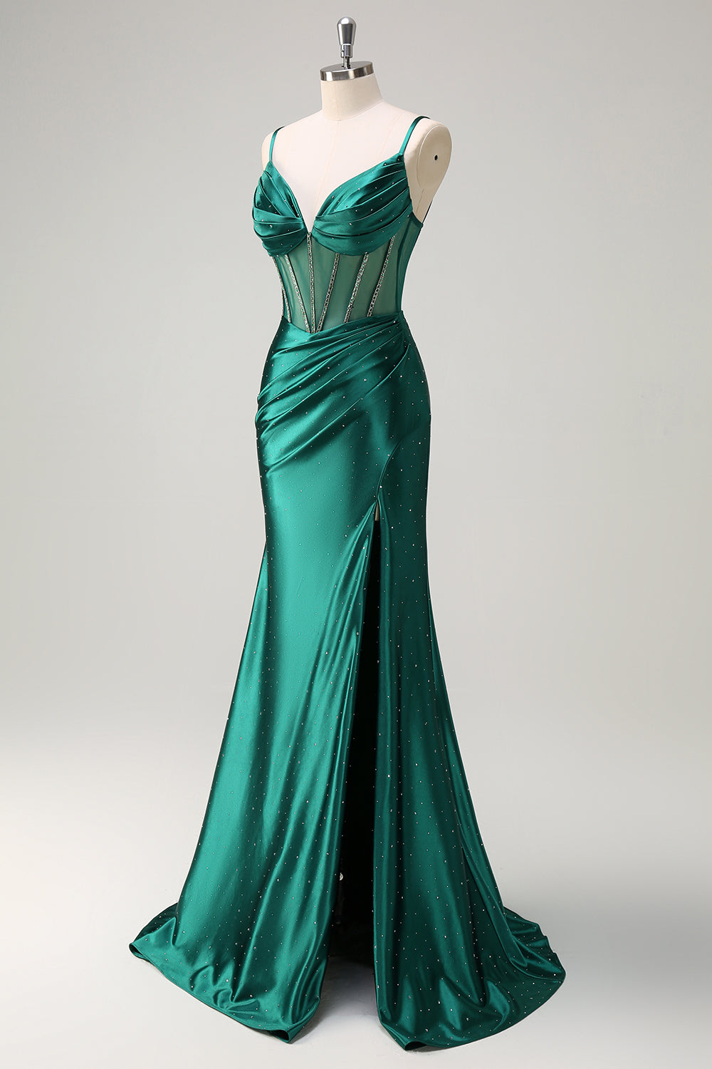 Scintillante verde scuro sirena spaghetti cinghie corsetto in rilievo lungo Abito da cerimonia con fessura