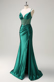 Scintillante verde scuro sirena spaghetti cinghie corsetto in rilievo lungo Abito da cerimonia con fessura