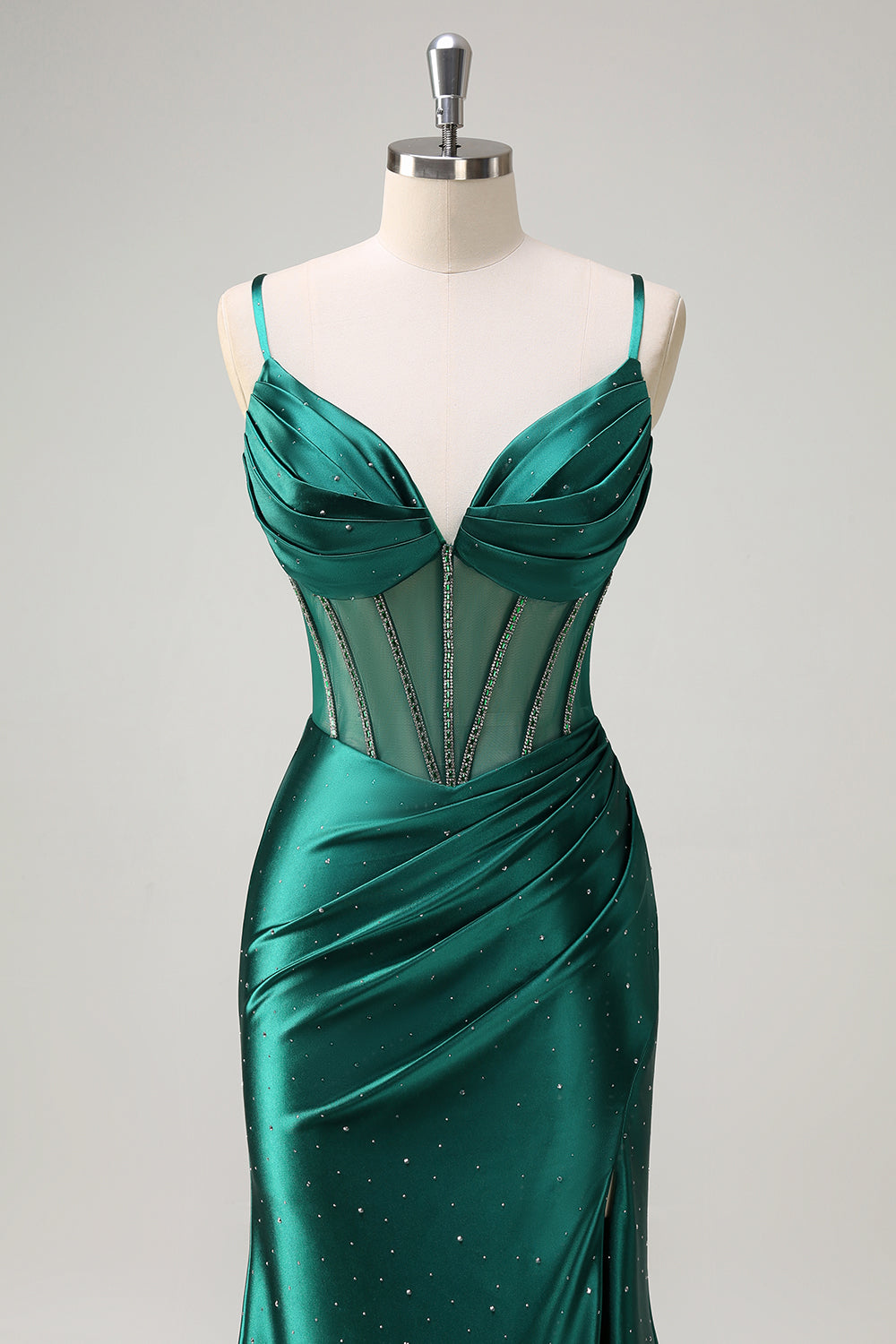 Scintillante verde scuro sirena spaghetti cinghie corsetto in rilievo lungo Abito da cerimonia con fessura
