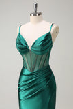 Scintillante verde scuro sirena spaghetti cinghie corsetto in rilievo lungo Abito da cerimonia con fessura