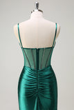 Scintillante verde scuro sirena spaghetti cinghie corsetto in rilievo lungo Abito da cerimonia con fessura