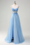 Sparkly blu A-Line corsetto puro Lace Up Back Abito da cerimonia lungo con fessura