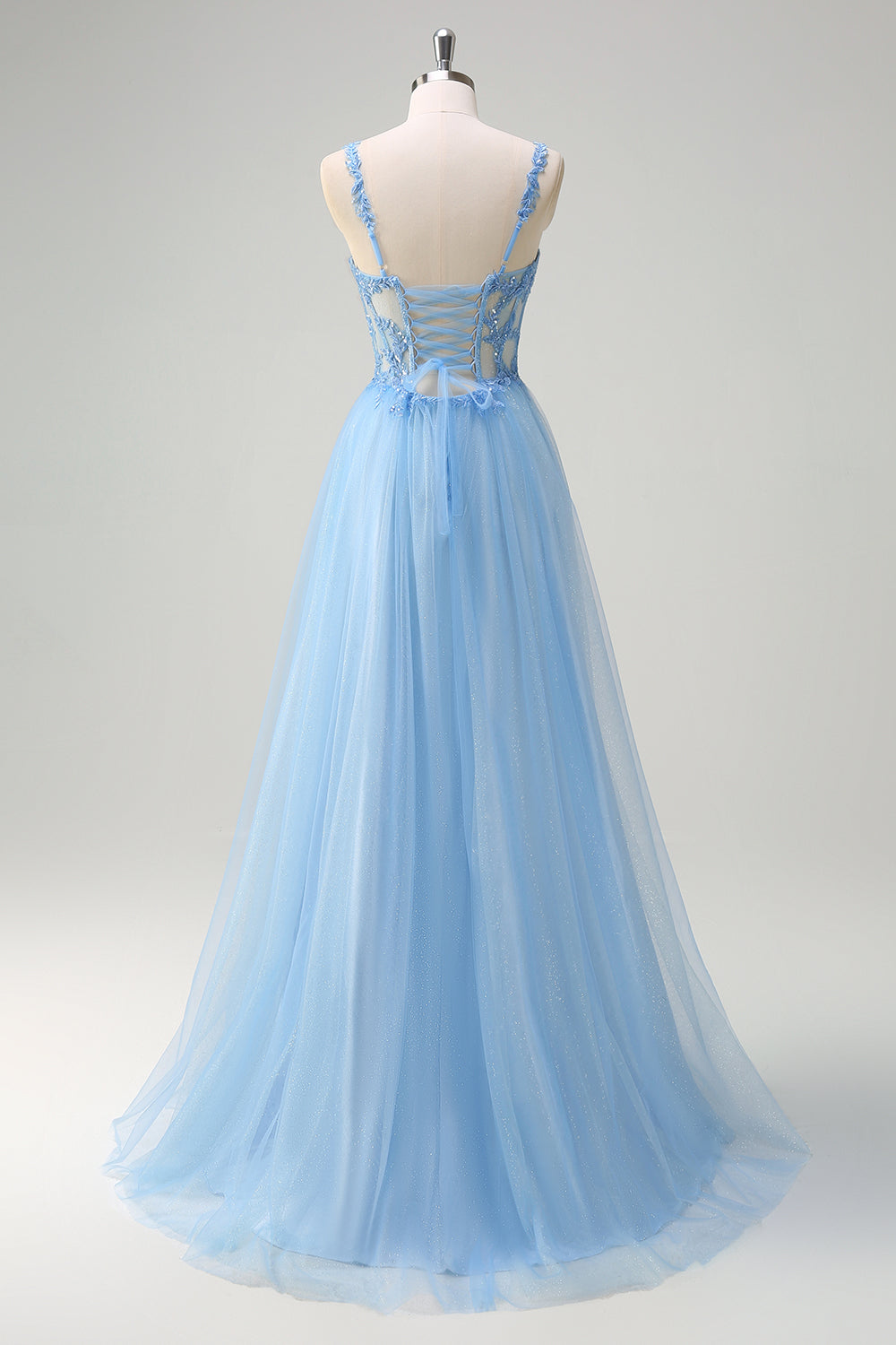 Sparkly blu A-Line corsetto puro Lace Up Back Abito da cerimonia lungo con fessura