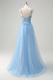 Sparkly blu A-Line corsetto puro Lace Up Back Abito da cerimonia lungo con fessura