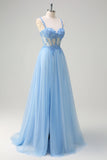 Sparkly blu A-Line corsetto puro Lace Up Back Abito da cerimonia lungo con fessura