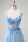 Sparkly blu A-Line corsetto puro Lace Up Back Abito da cerimonia lungo con fessura