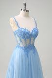 Sparkly blu A-Line corsetto puro Lace Up Back Abito da cerimonia lungo con fessura