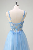 Sparkly blu A-Line corsetto puro Lace Up Back Abito da cerimonia lungo con fessura