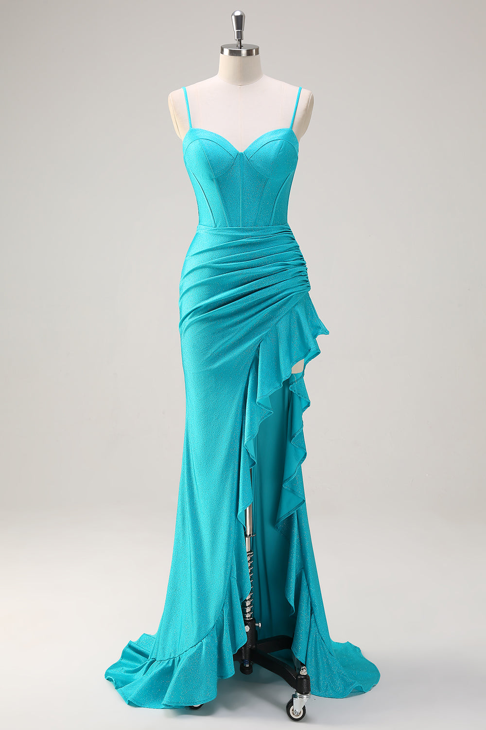 Blu Spaghetti Straps sirena in rilievo corsetto lungo Abito da cerimonia con fessura a balze