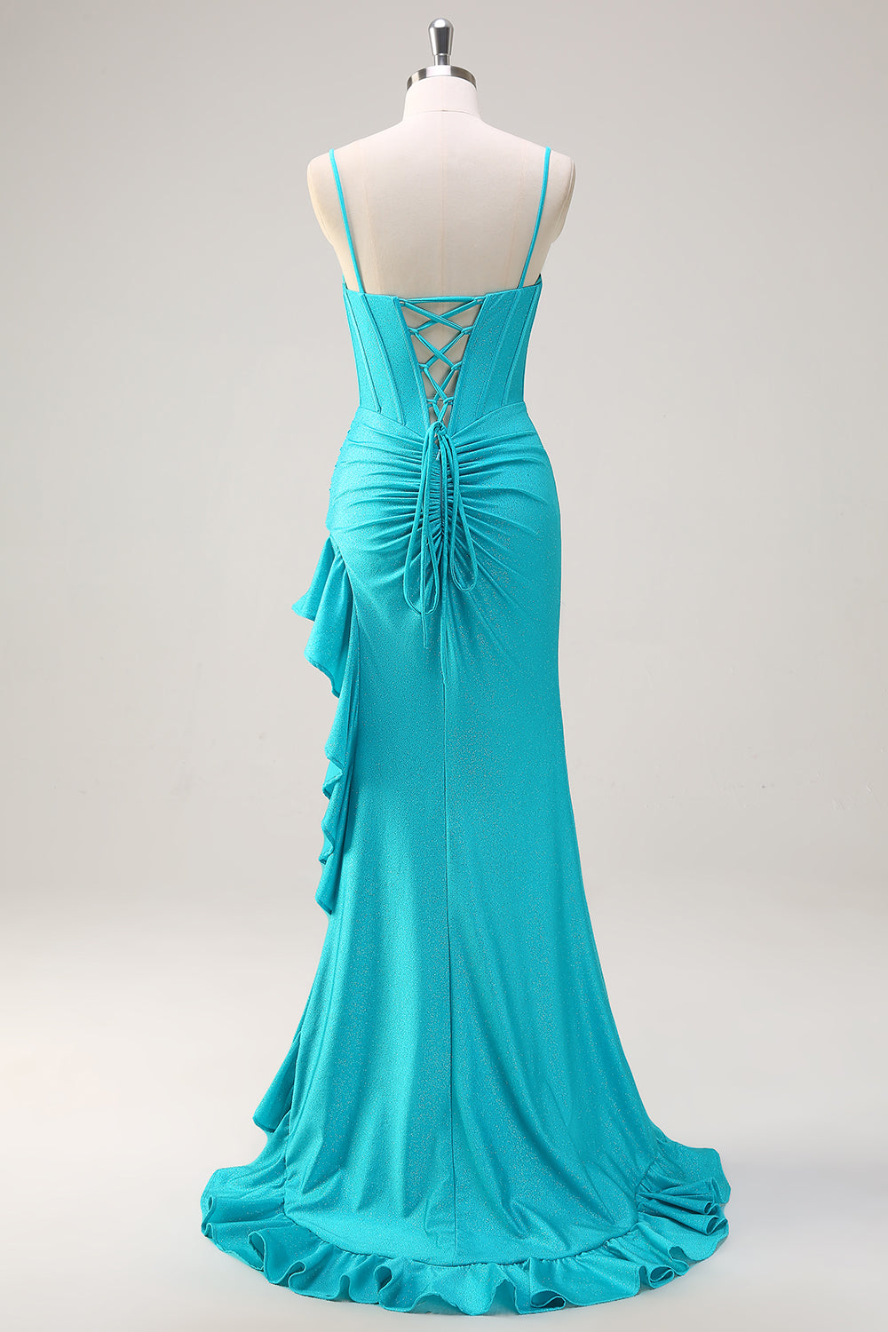 Blu Spaghetti Straps sirena in rilievo corsetto lungo Abito da cerimonia con fessura a balze