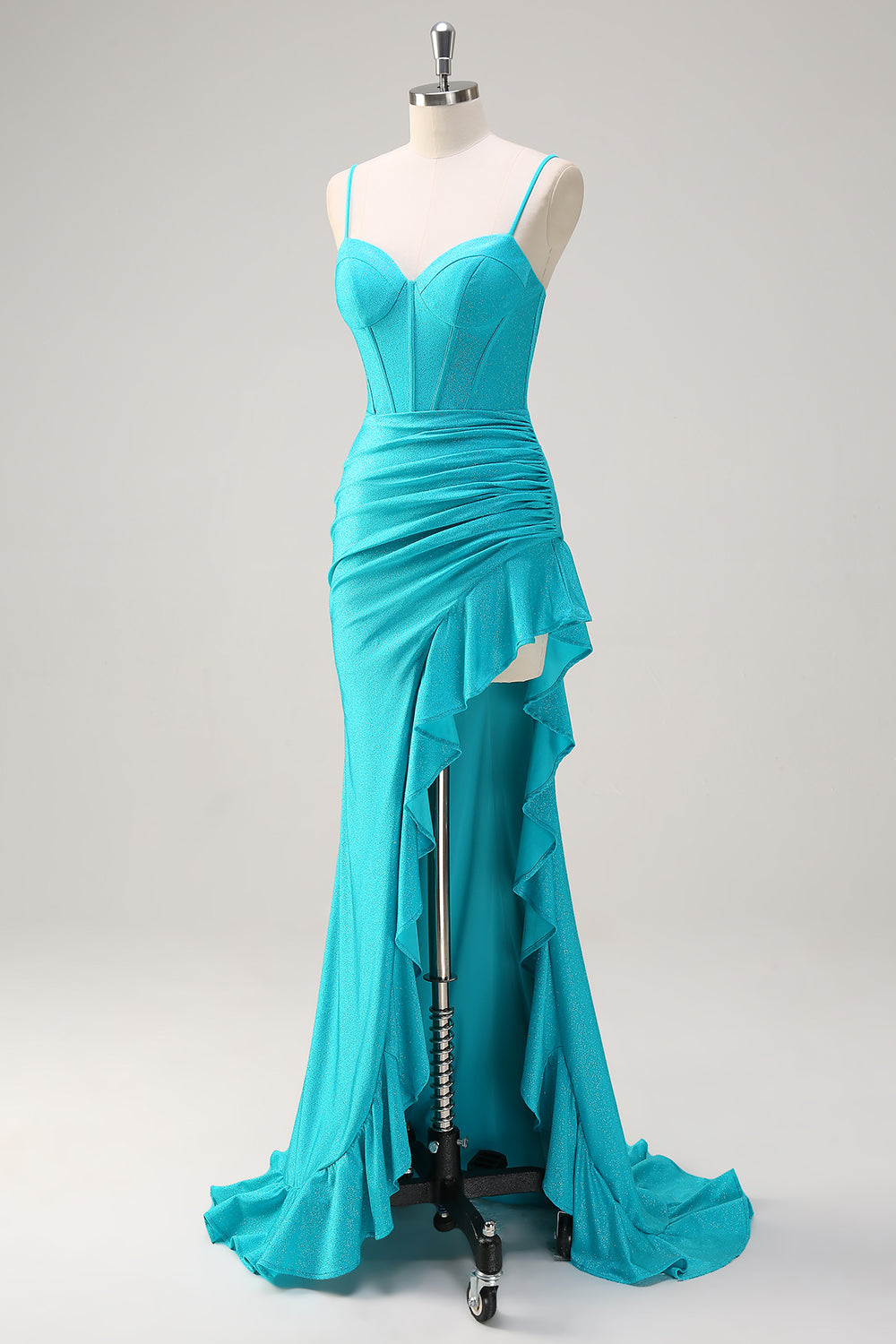 Blu Spaghetti Straps sirena in rilievo corsetto lungo Abito da cerimonia con fessura a balze