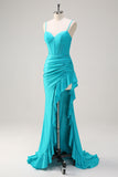 Blu Spaghetti Straps sirena in rilievo corsetto lungo Abito da cerimonia con fessura a balze