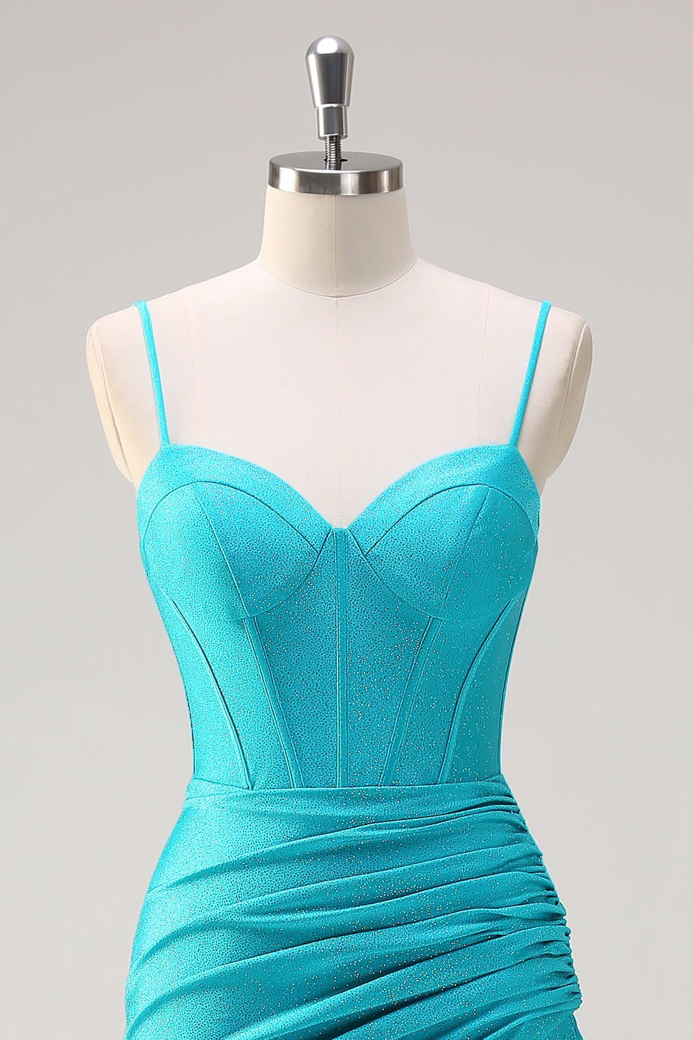 Blu Spaghetti Straps sirena in rilievo corsetto lungo Abito da cerimonia con fessura a balze