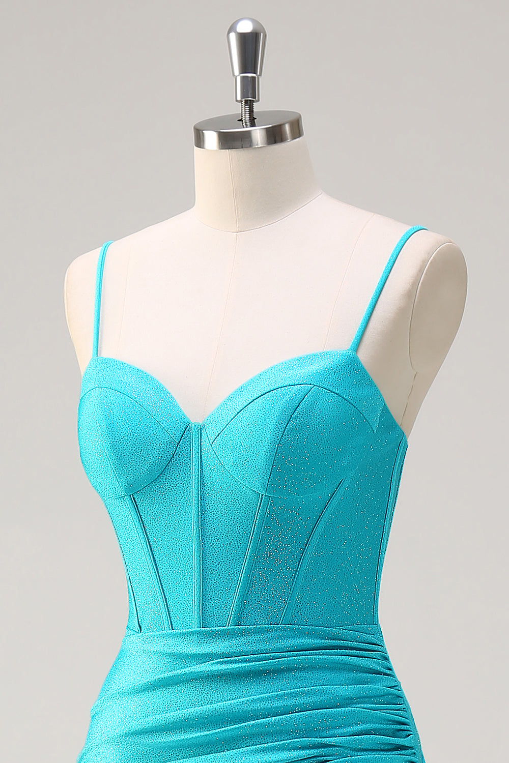 Blu Spaghetti Straps sirena in rilievo corsetto lungo Abito da cerimonia con fessura a balze