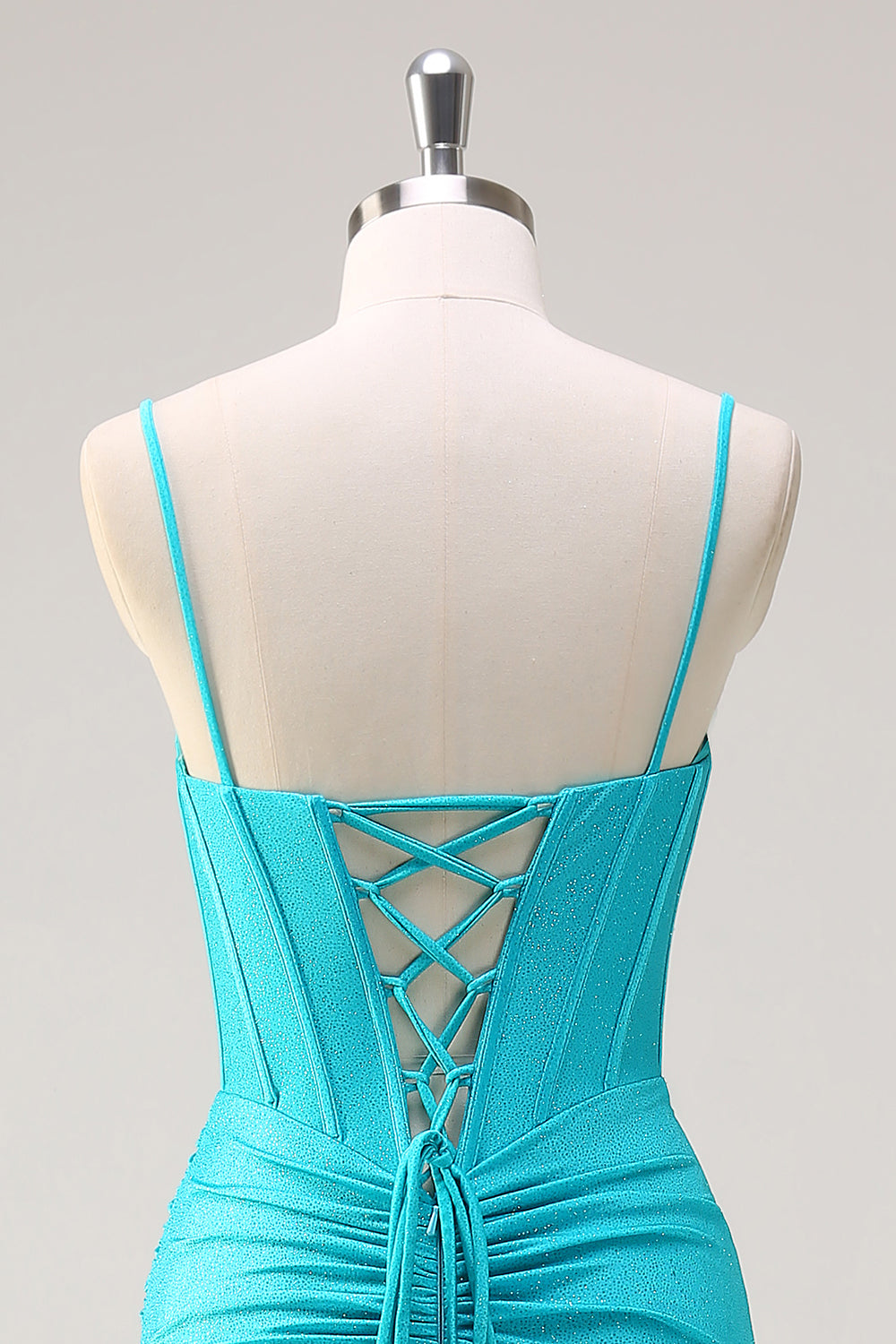 Blu Spaghetti Straps sirena in rilievo corsetto lungo Abito da cerimonia con fessura a balze