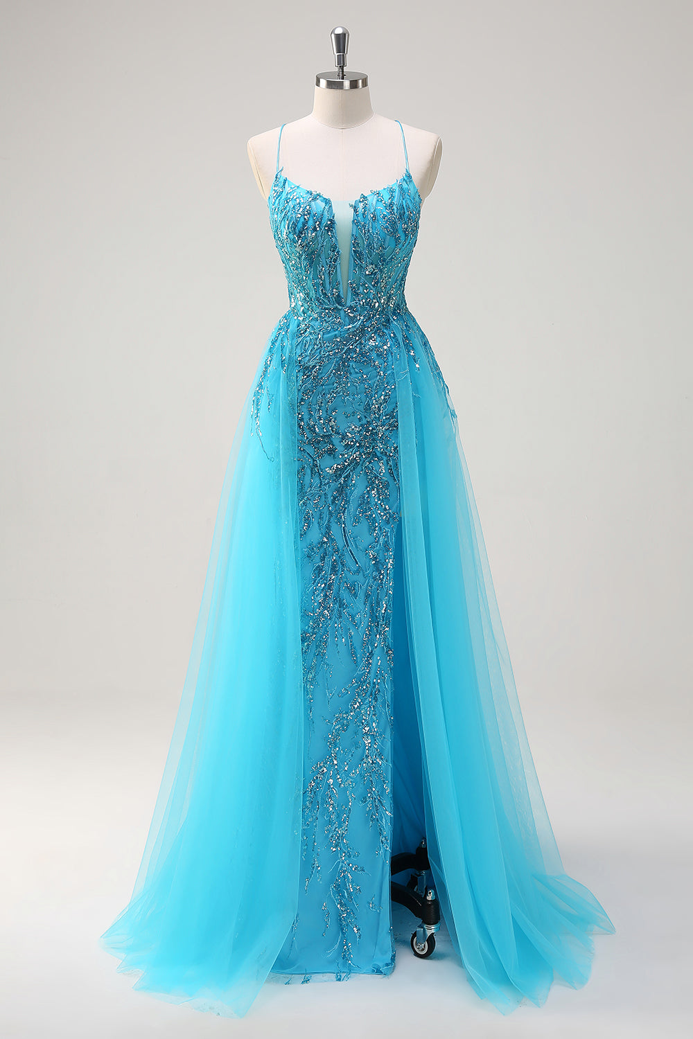 Sparkly Blue Spaghetti Straps paillettes lungo Abito da cerimonia con mantello laterale