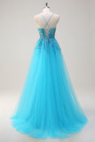 Sparkly Blue Spaghetti Straps paillettes lungo Abito da cerimonia con mantello laterale